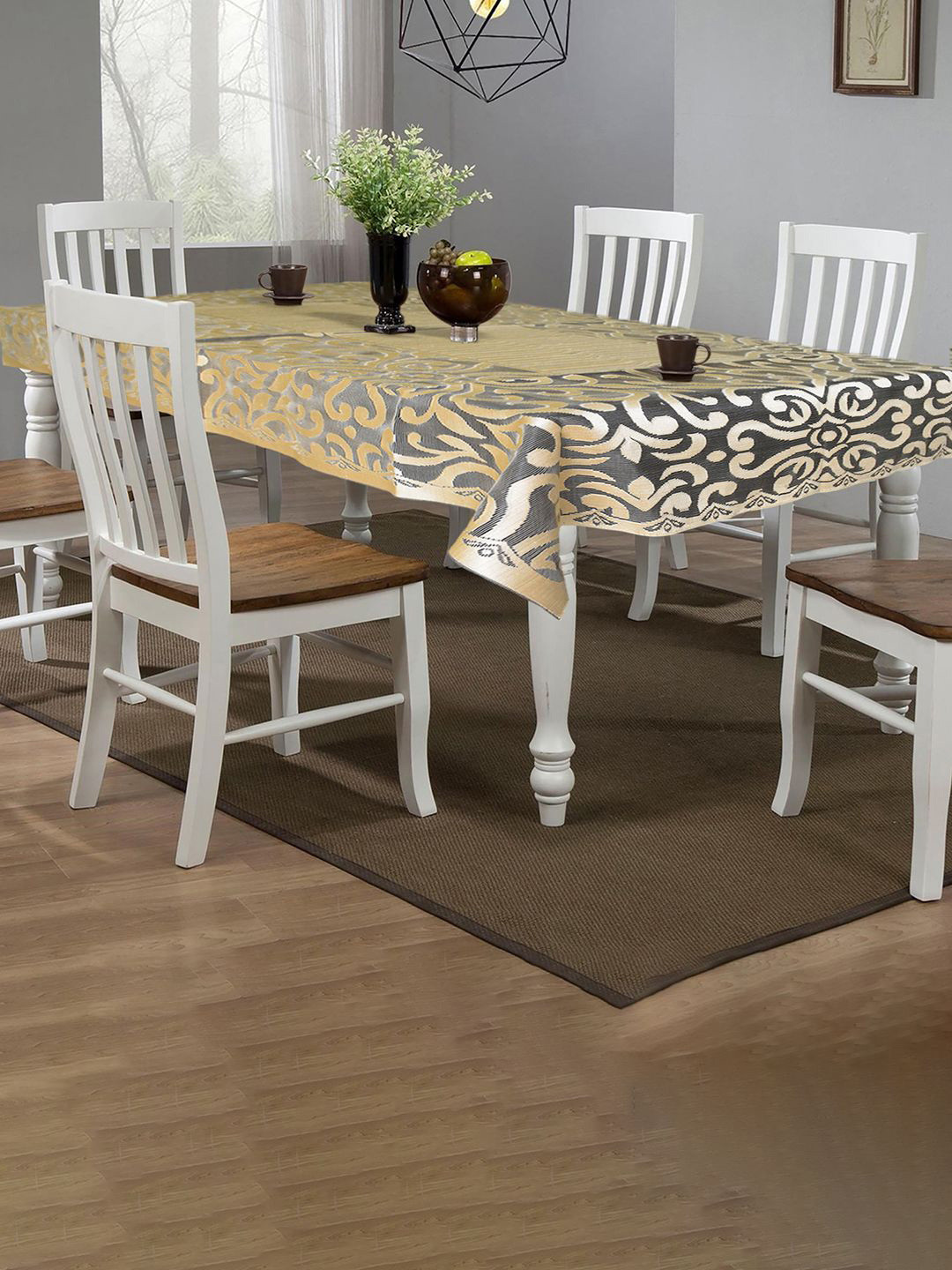 

Kuber Industries Gold-Toned Floral Cotton 6-Seater Table Cover
