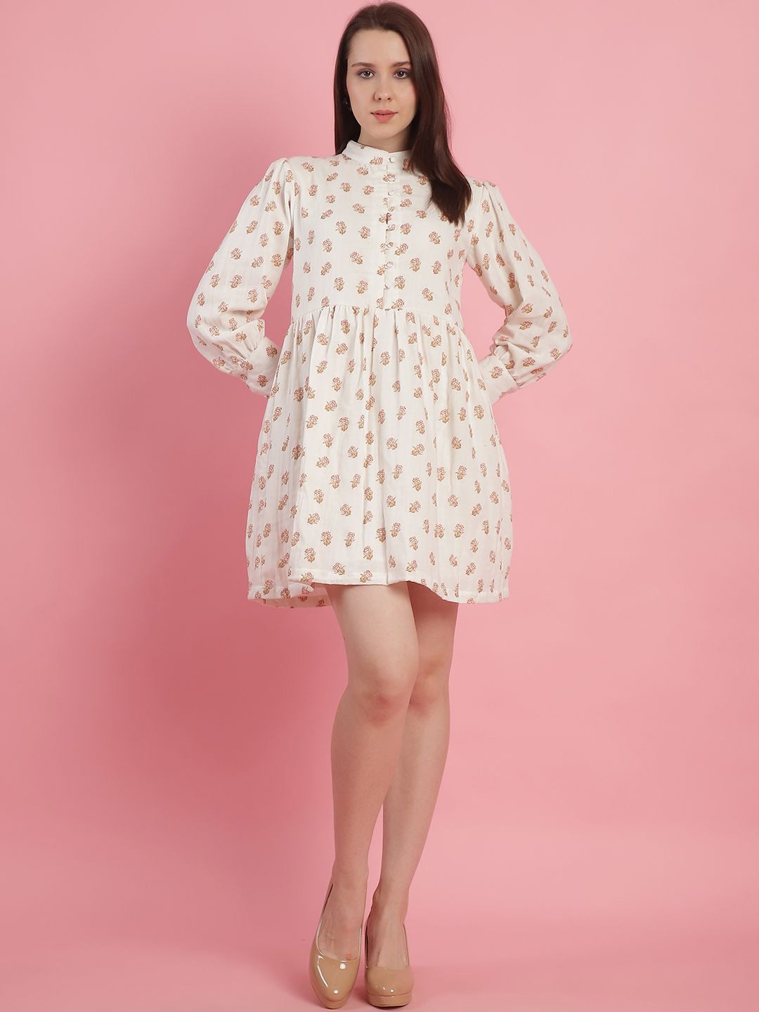 

JAKANARY Floral Print A-Line Midi Dress, Beige