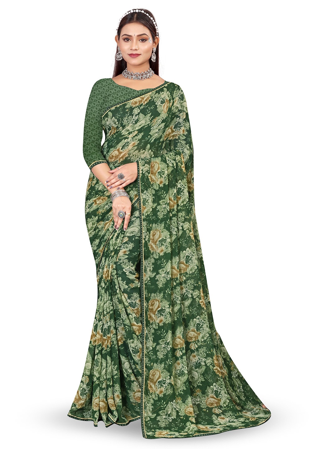

shree krishna fashion Floral Poly Georgette Saree, Green