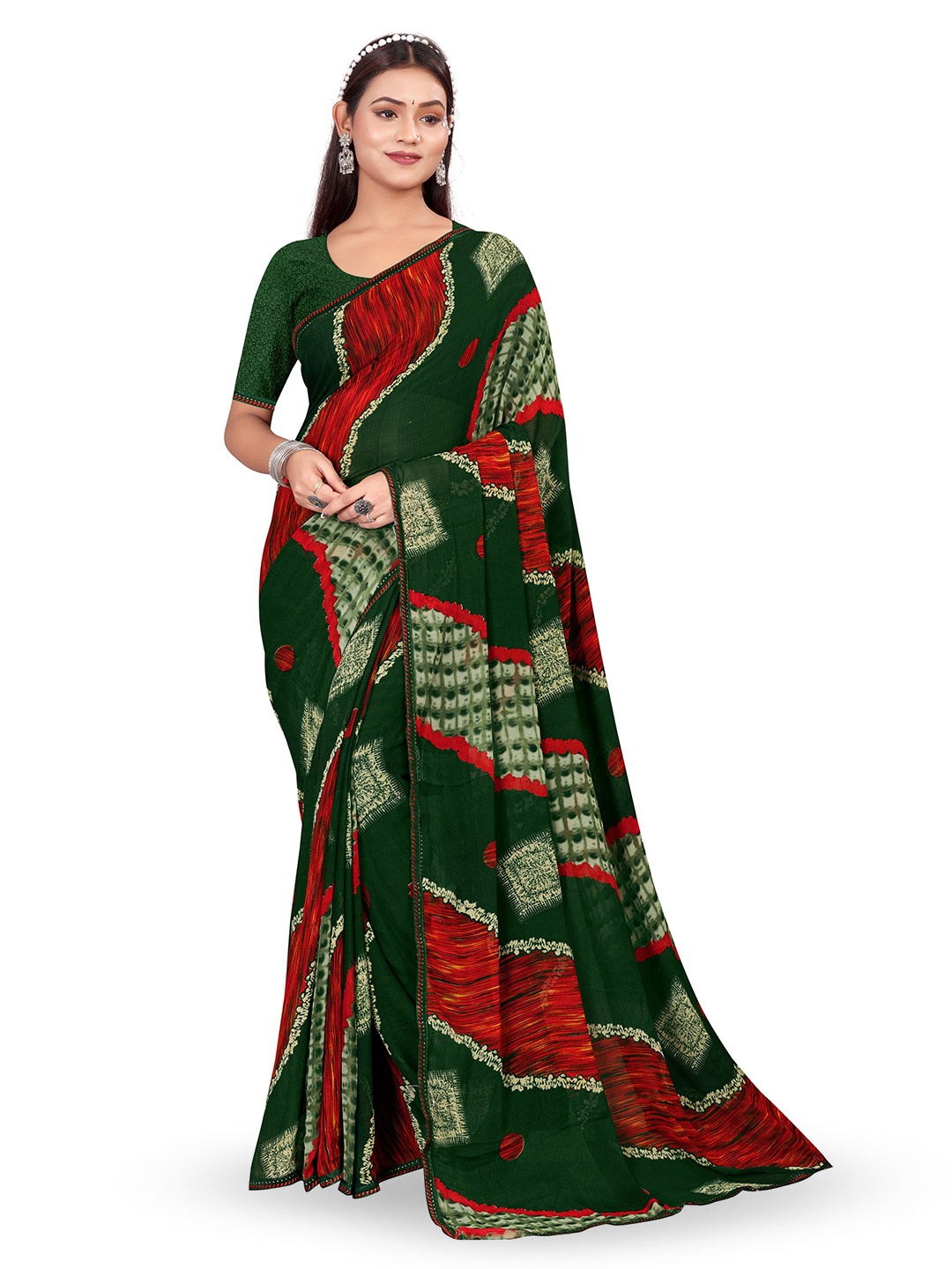 

shree krishna fashion Ethnic Motifs Poly Georgette Saree, Green