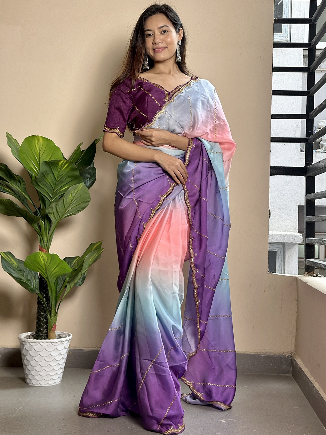 

LeeliPeeri Designer Sequinned Organza Designer Saree, Purple
