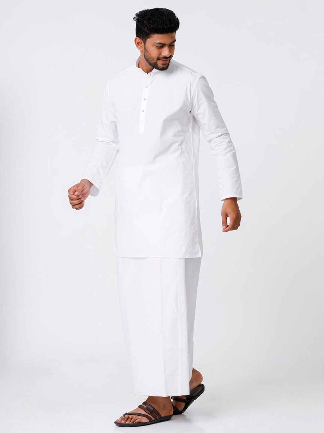 

RAMRAJ COTTON Men Full Sleeves Medium Length Kurta With Stitched Dhoti, White