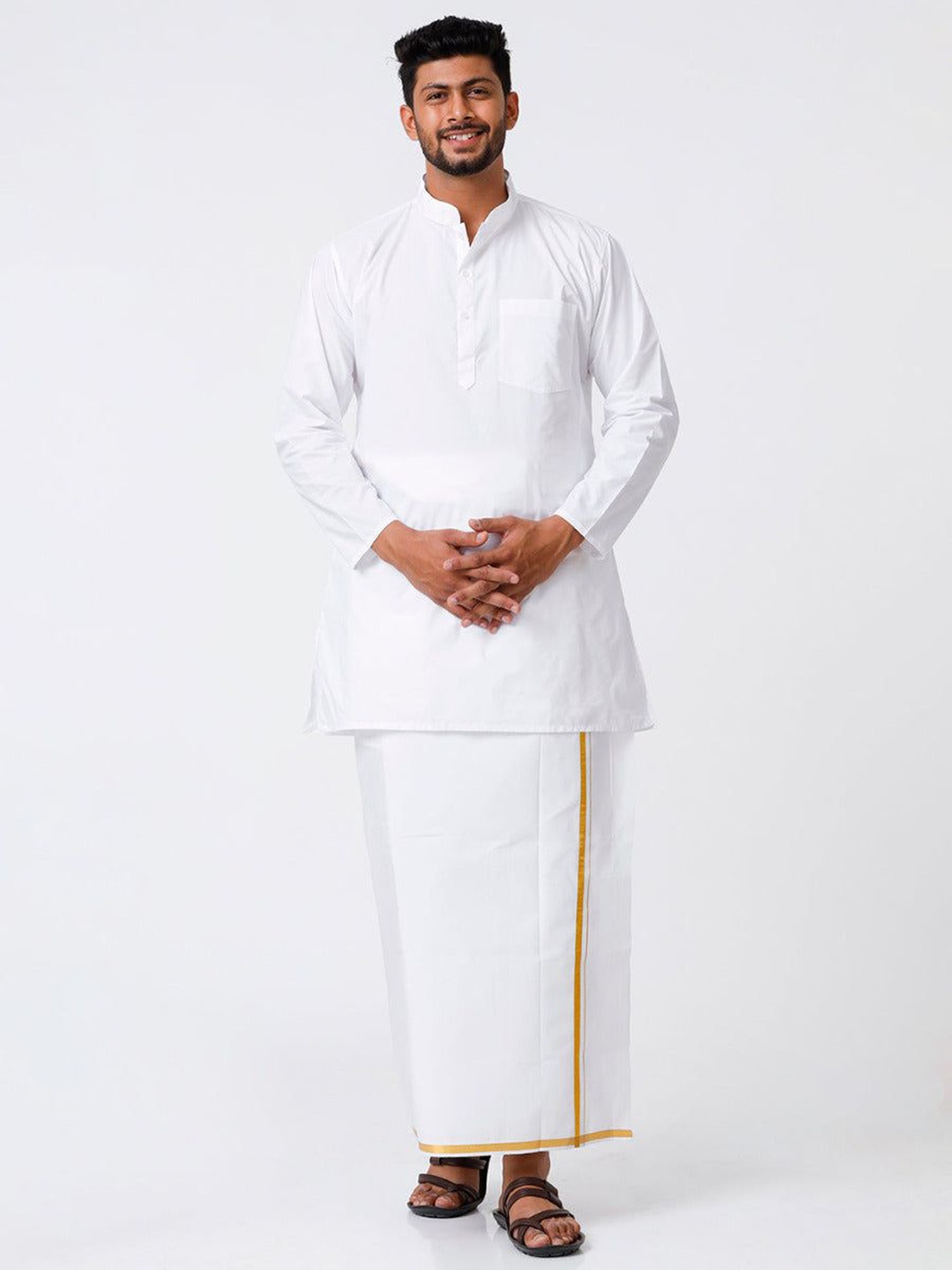 

RAMRAJ Cotton Men Full Sleeves White Kurta with 1/2" inch Gold Jari Border Dhoti