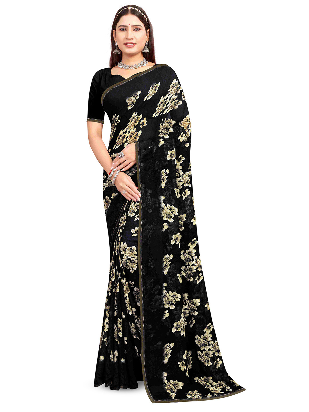 

shree krishna fashion Floral Art Silk Saree, Black