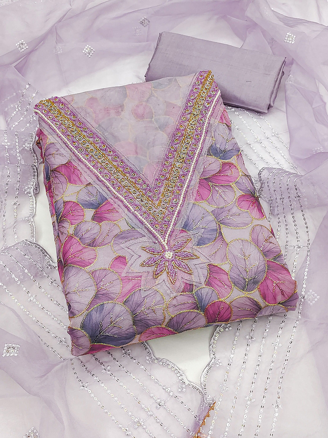 

SHADOW & SAINING Embroidered Organza Semi-Stitched Dress Material, Lavender