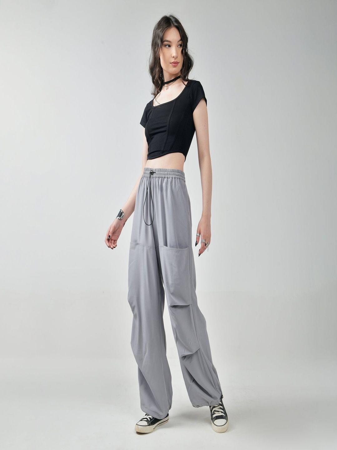 

IZF Women Loose Fit High-Rise Trousers, Grey