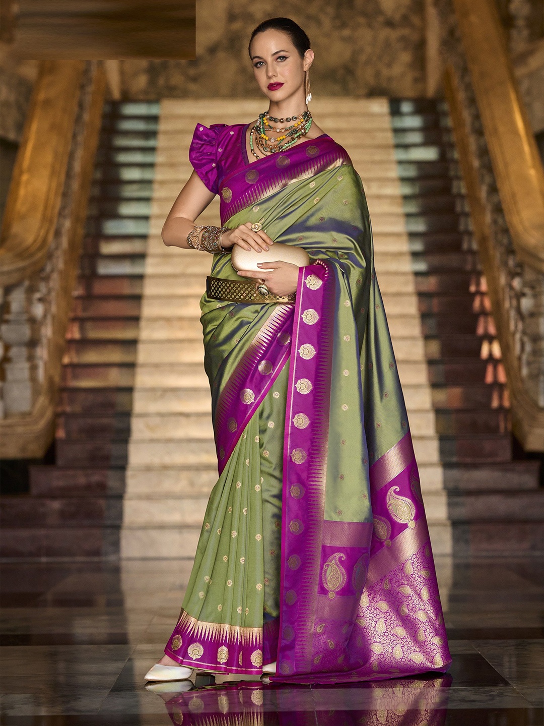 

MAHALASA Woven Design Zari Pure Silk Kanjeevaram Saree, Green