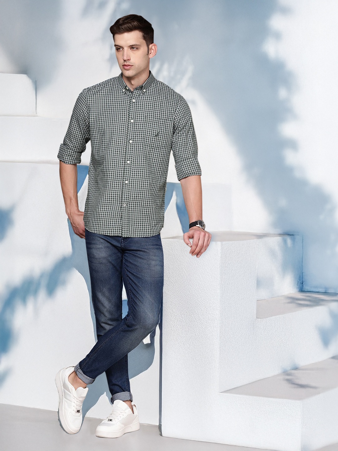 

Nautica Pure Cotton Button-Down Collar Checked Slim Fit Casual Shirt, Green