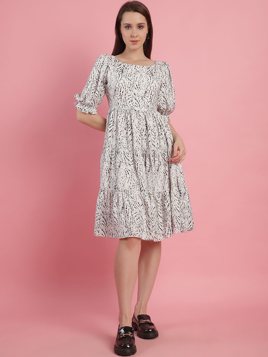 

JAKANARY Animal Print Crepe Fit & Flare Dress, Off white