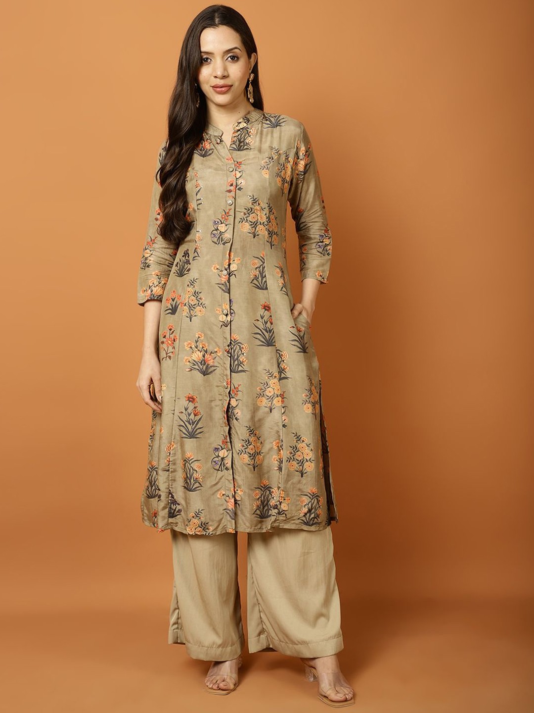 

Meena Bazaar Women Ethnic Motifs Printed Sequinned Kurta, Beige