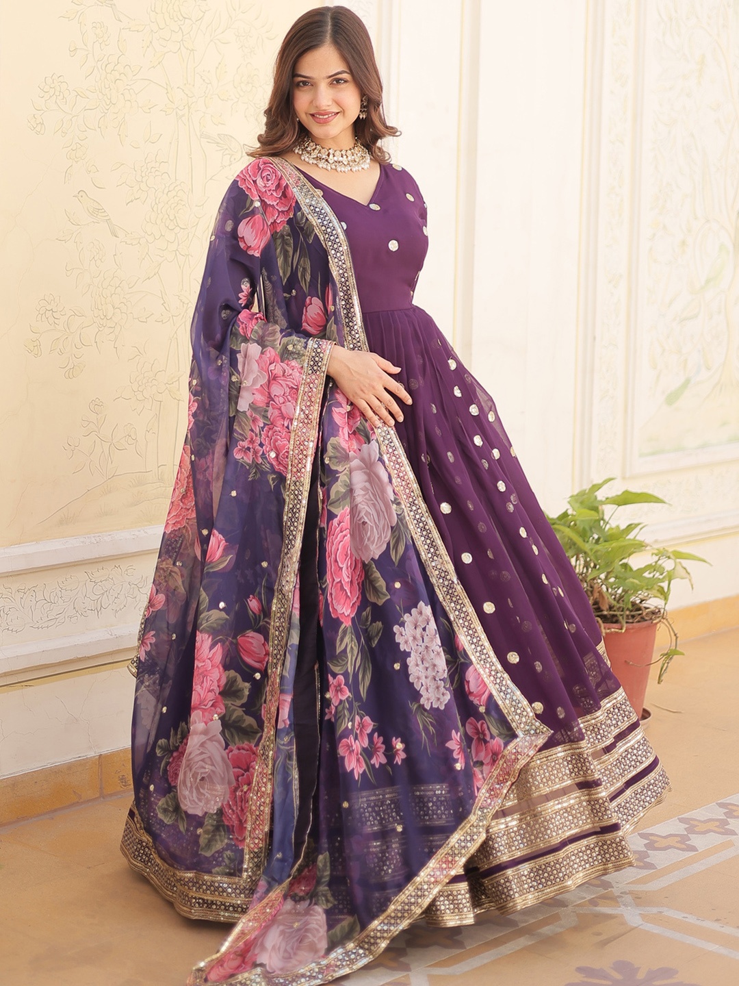 

Anara Women Floral Embroidered Georgette Anarkali Kurta, Purple