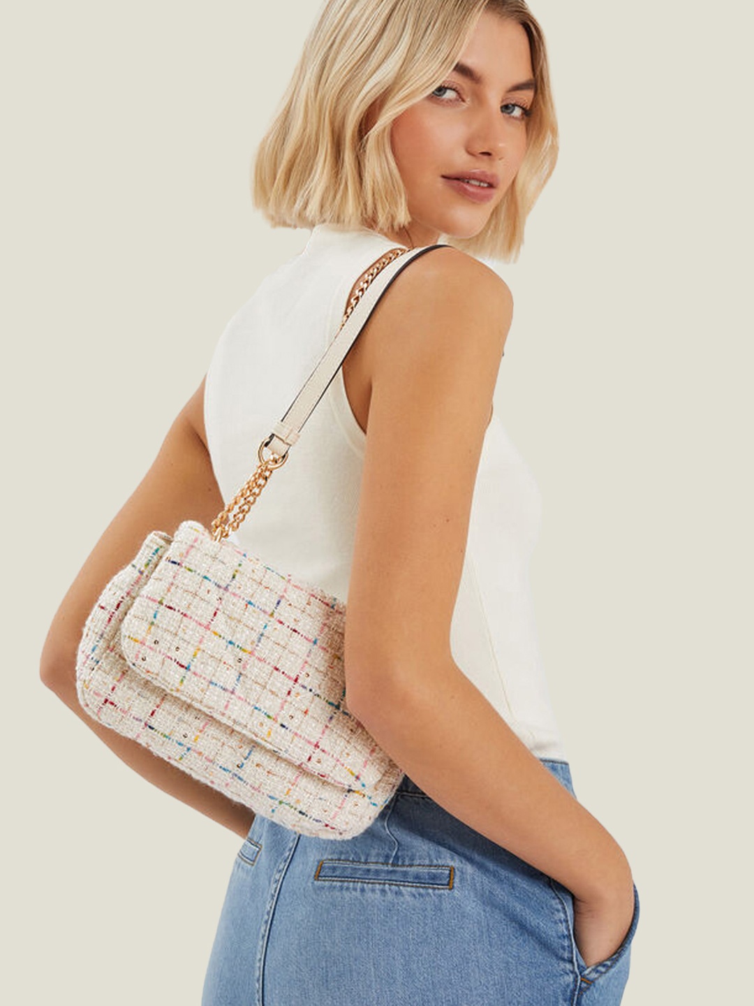 

Accessorize Checked Structured Shoulder Bag, Cream