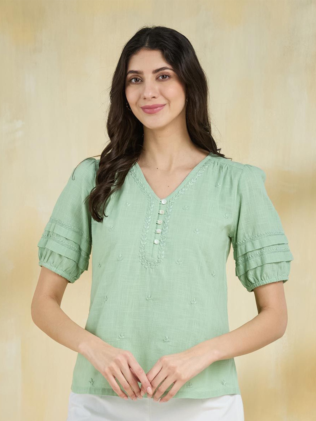 

Fabindia Embroidered Roll-Up Sleeves Cotton Top, Green