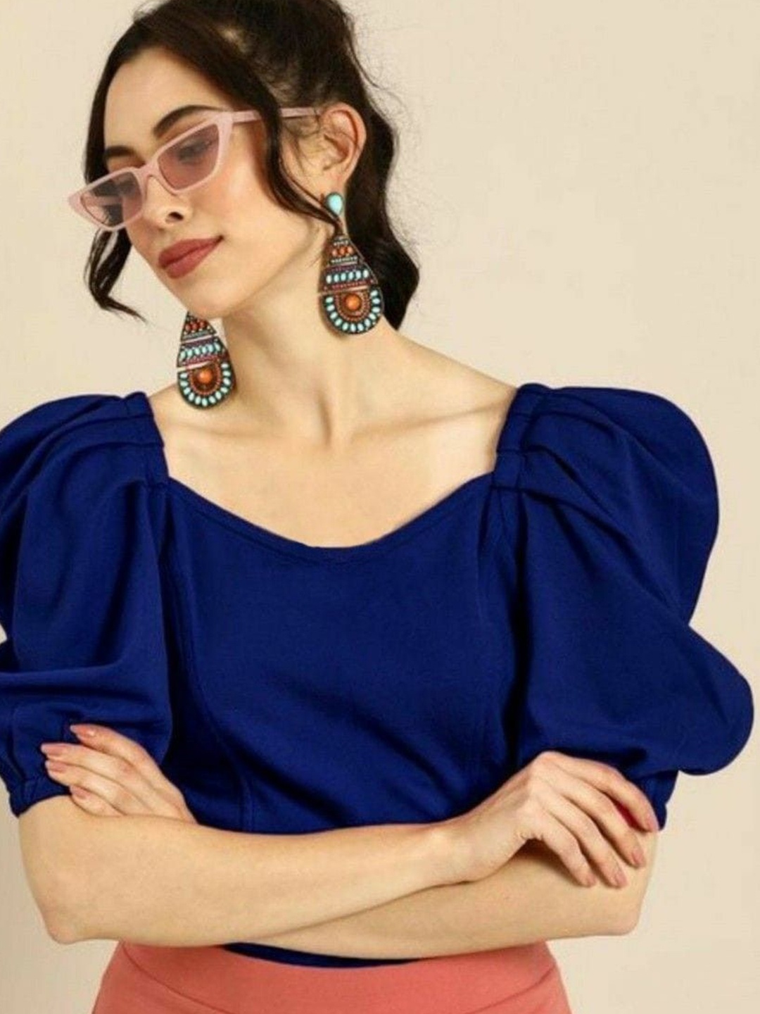 

NiloBerry Puff Sleeve Crop Top, Navy blue