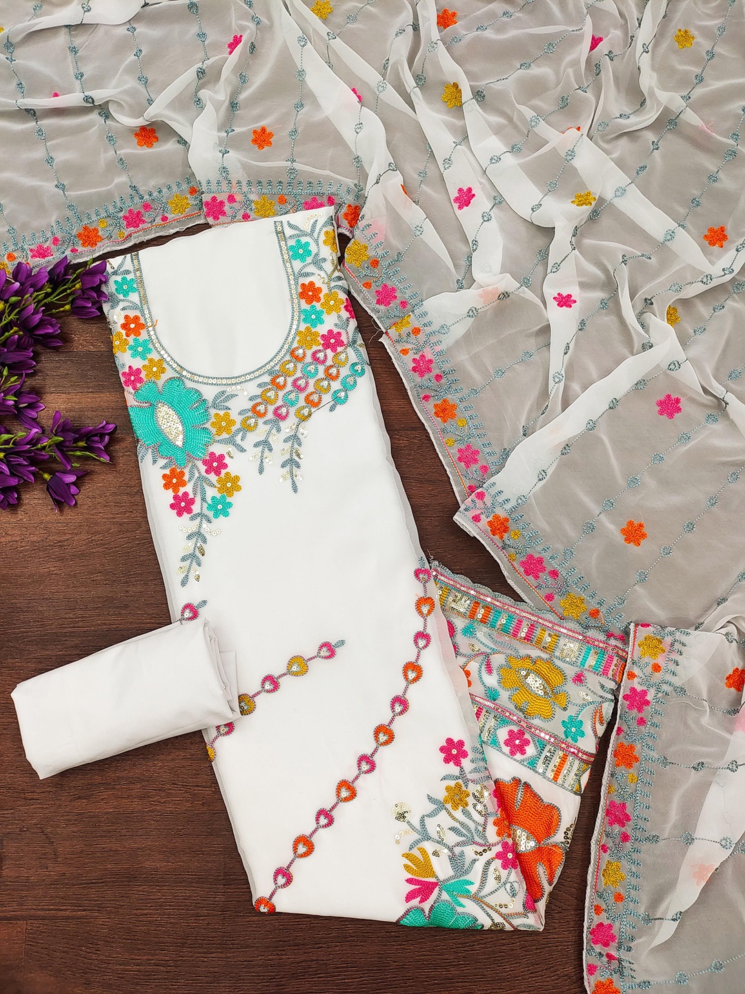 

SHADOW & SAINING Embroidered Silk Georgette Unstitched Dress Material, White