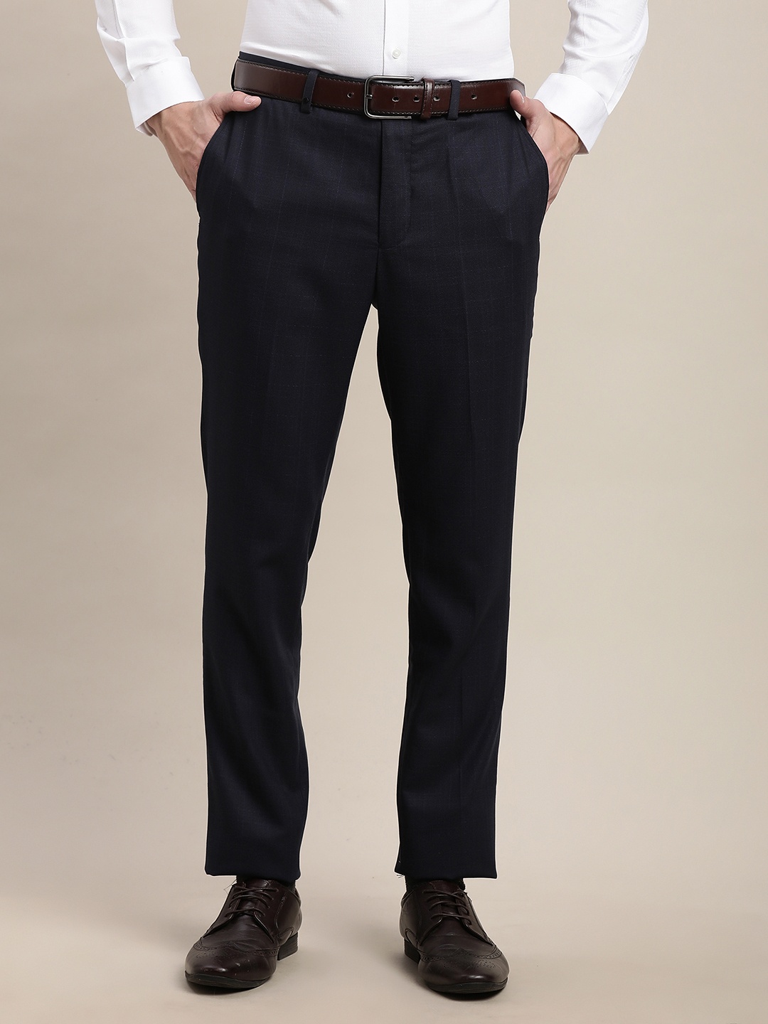 

Turtle Men Checked Tailored Slim Fit Trousers, Navy blue