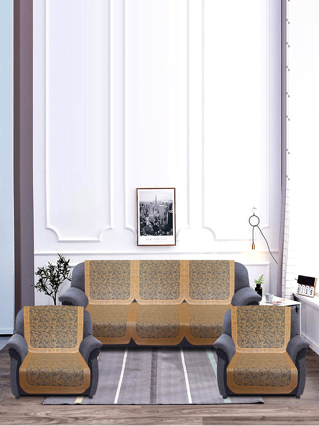 

Kuber Industries Gold-Toned & Grey Printed Cotton 5 Piece Sofa Cover