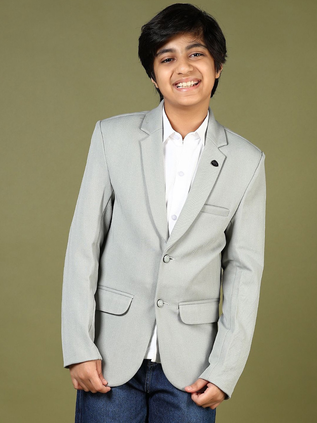 

V-Mart Boys Notched Lapel Single-Breasted Casual Blazer, Grey