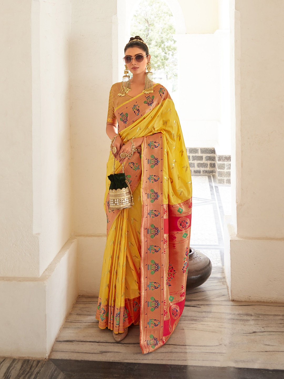 

MAHALASA Woven Design Zari Pure Silk Paithani Saree, Yellow