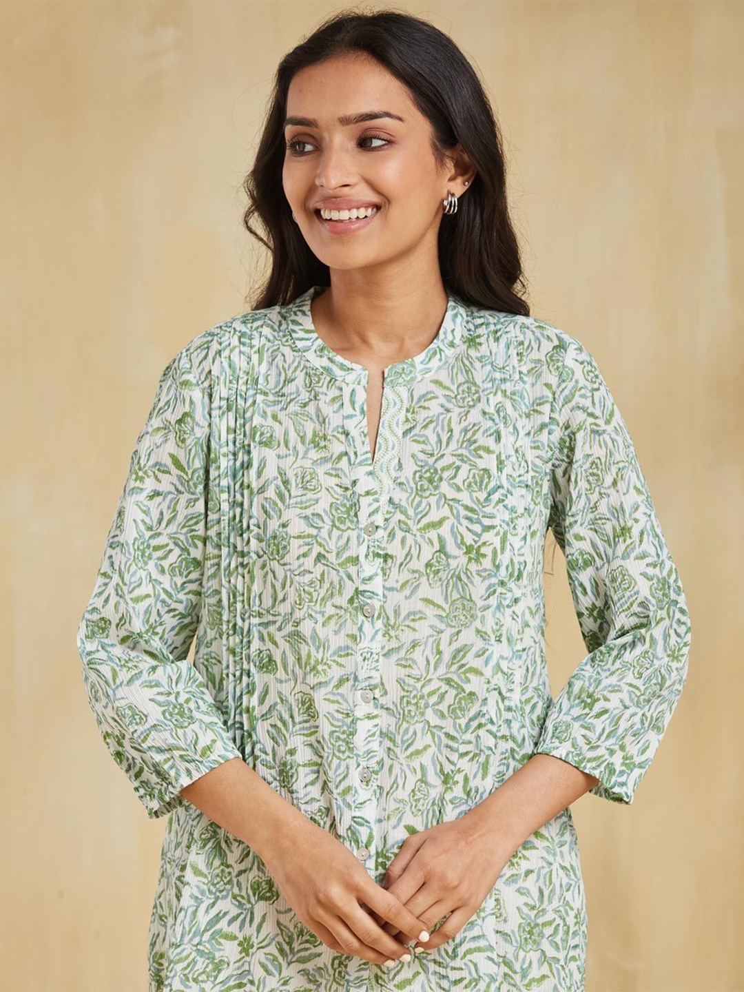 

Fabindia Mandarin Collar Printed Tunic, White