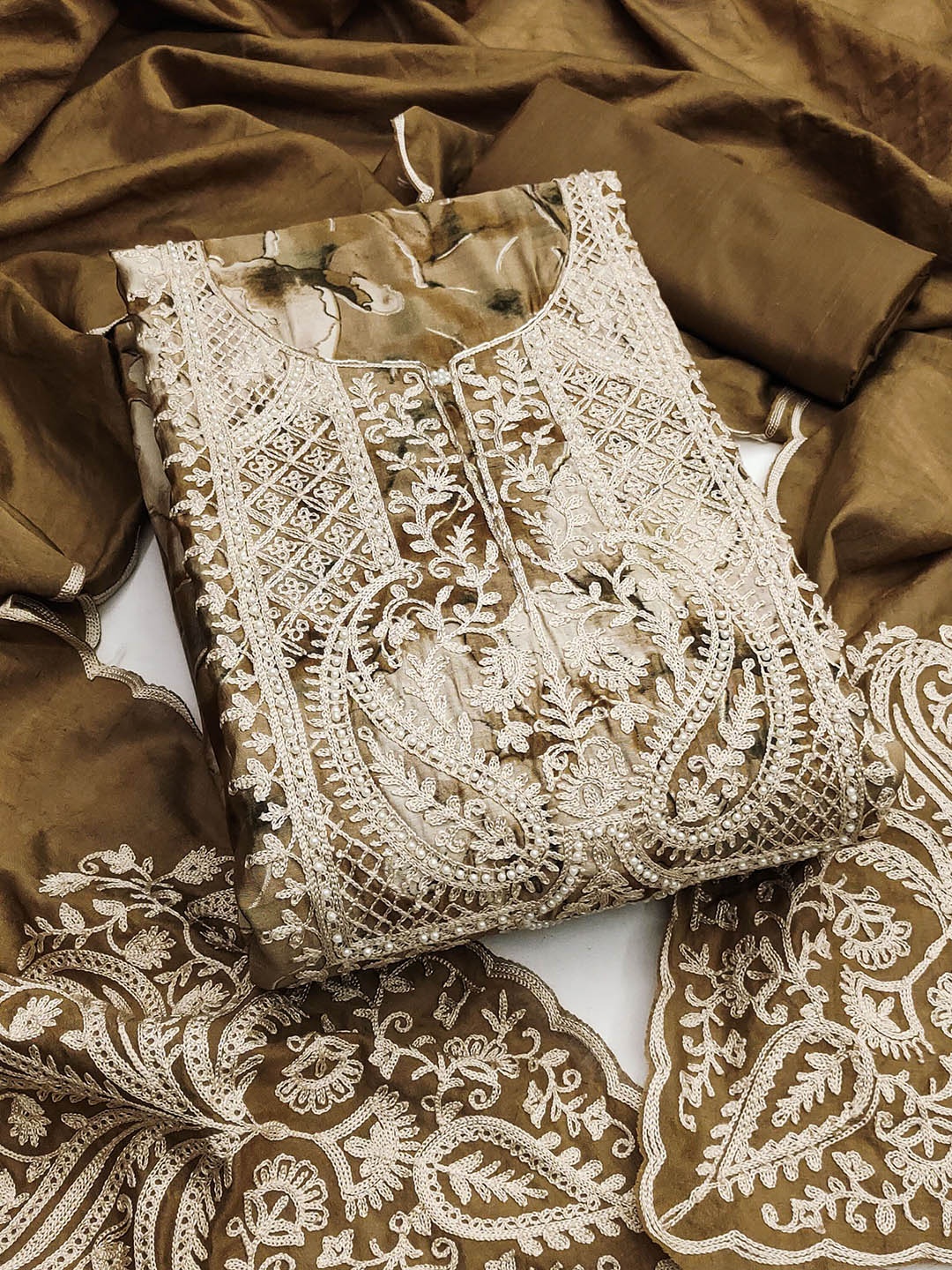 

SHADOW & SAINING Printed Semi-Stitched Dress Material, Coffee brown