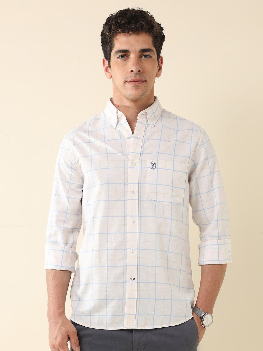 

U.S. Polo Assn. Men Tailored Fit Opaque Checked Casual Shirt, Beige