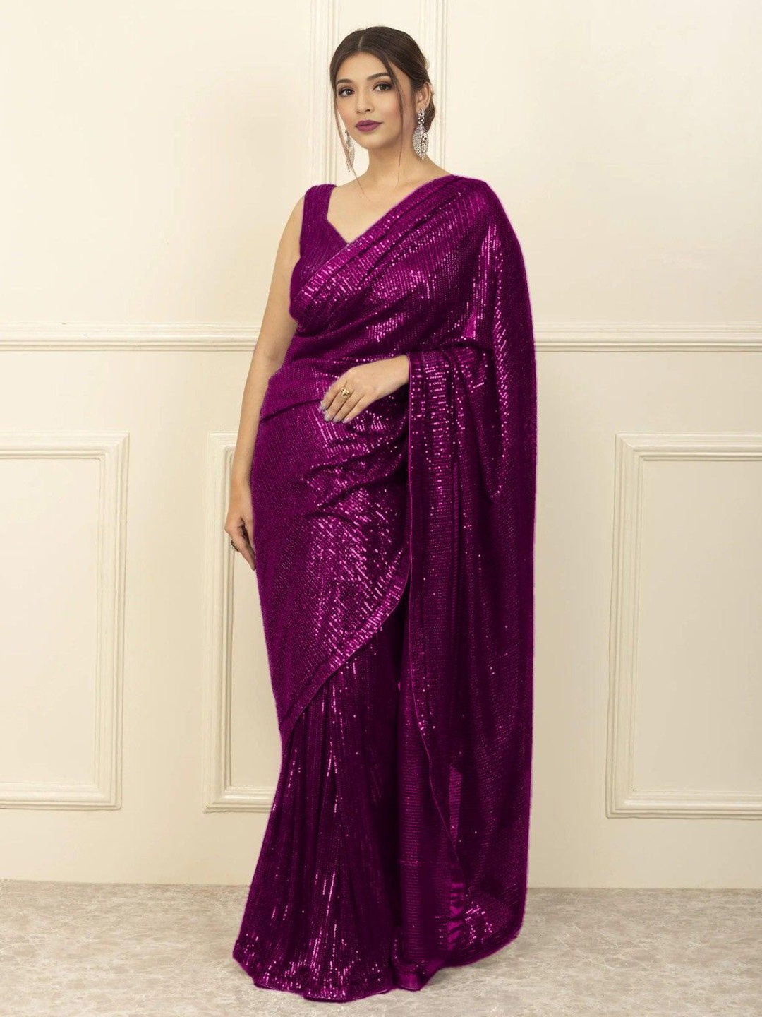 

ANJANI TEXTILE Embellished Sequinned Poly Georgette Heavy Work Saree, Purple