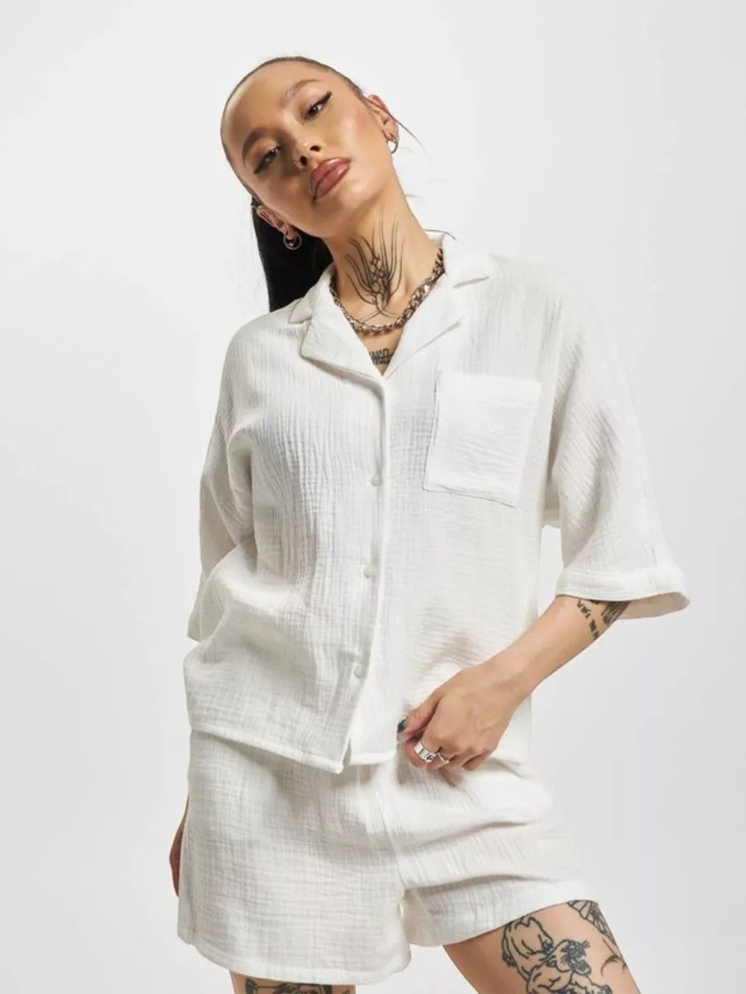 

Bella Babe by SK Pure Cotton Shirt With Shorts Co-Ords, White
