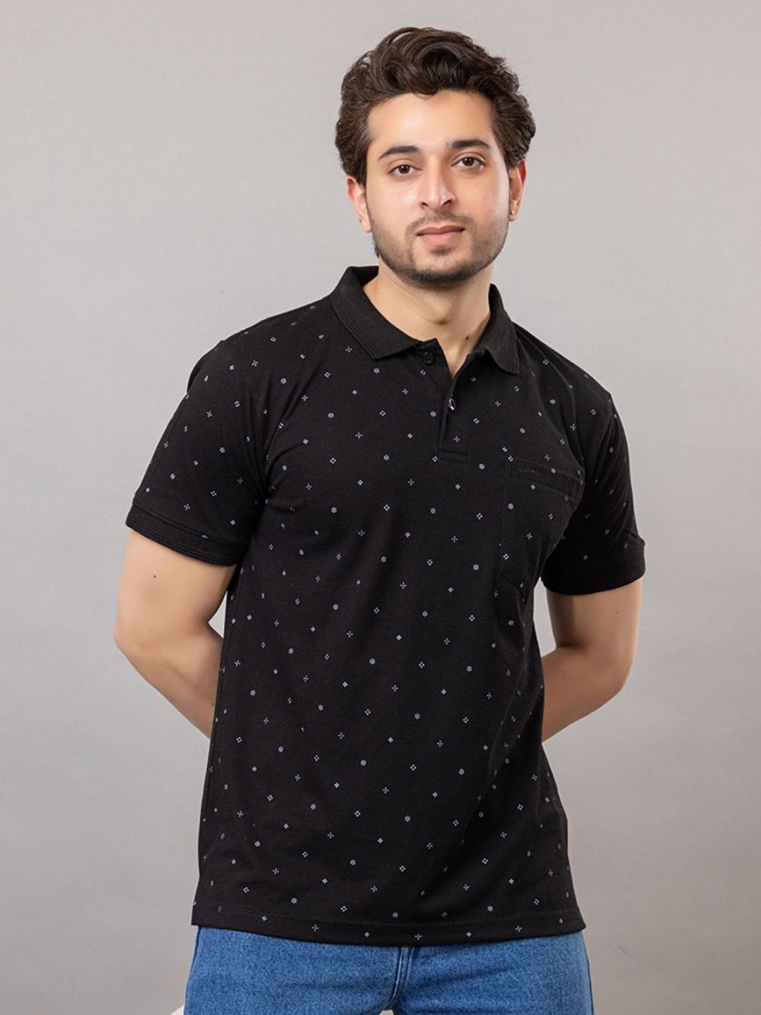 

ARMENOR Men Printed Polo Collar Pockets T-shirt, Black