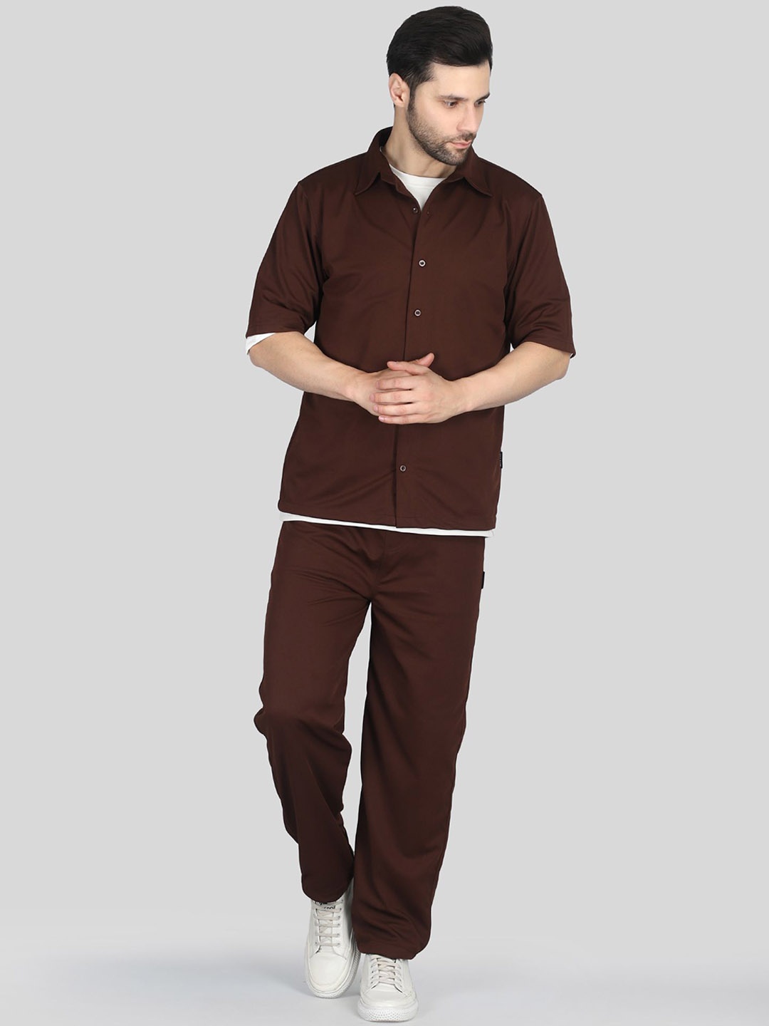 

Raxedo Men Plain Shirt & Pant Airport Co-Ords Set, Brown