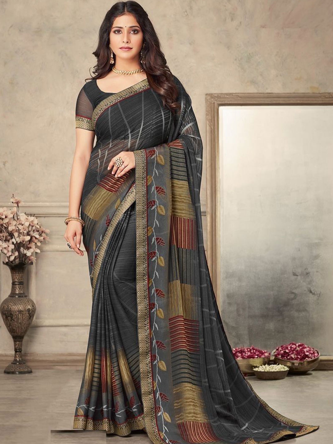 

Styleveda Striped Zari Pure Georgette Block Print Saree, Black