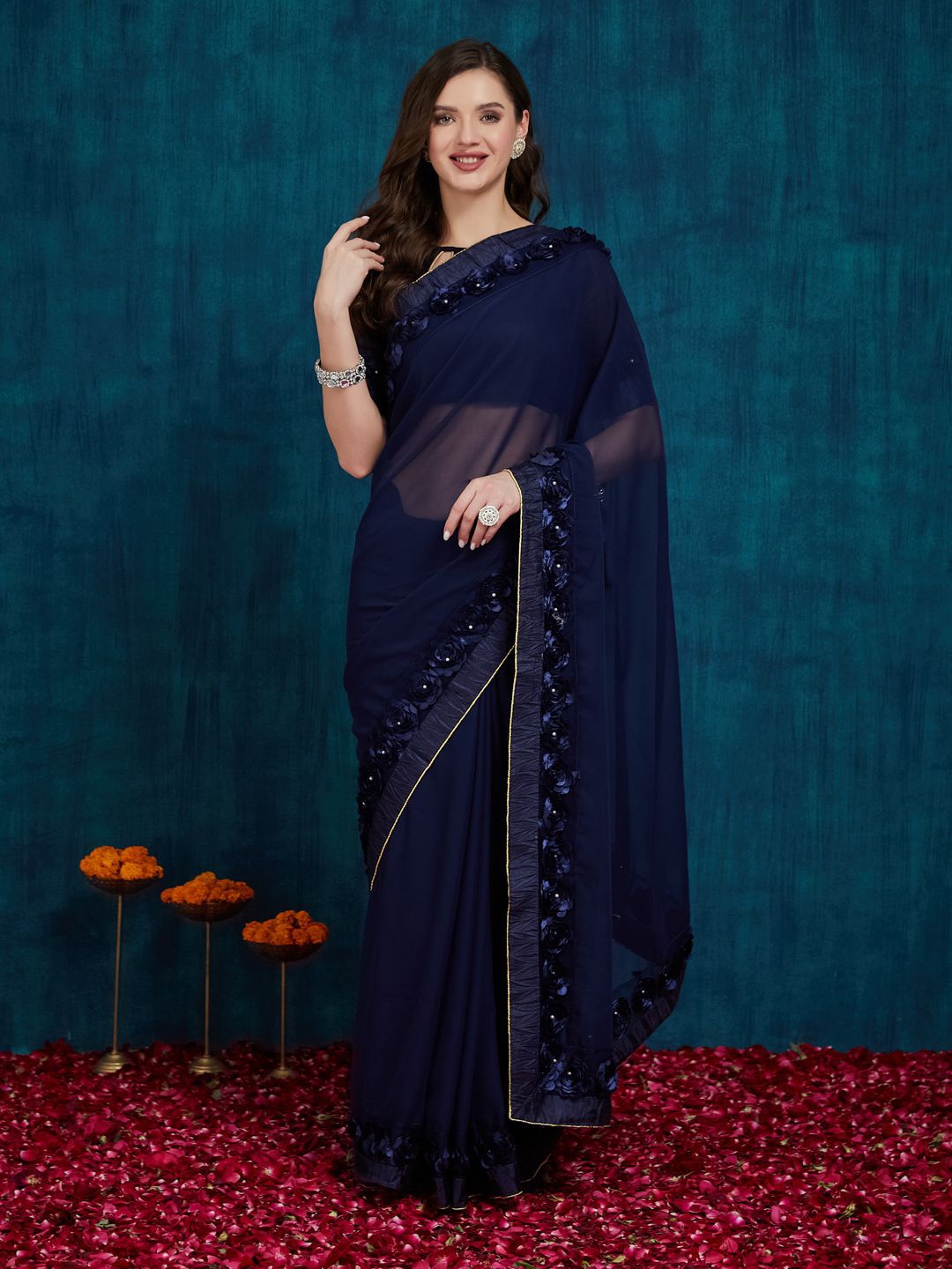 

KAVINDI Beads and Stones Pure Georgette Saree, Navy blue