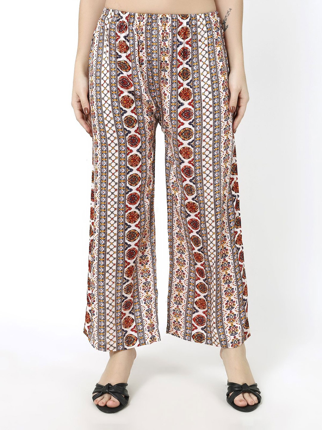 

Trendzmy Women Floral Printed Knitted Palazzos, White