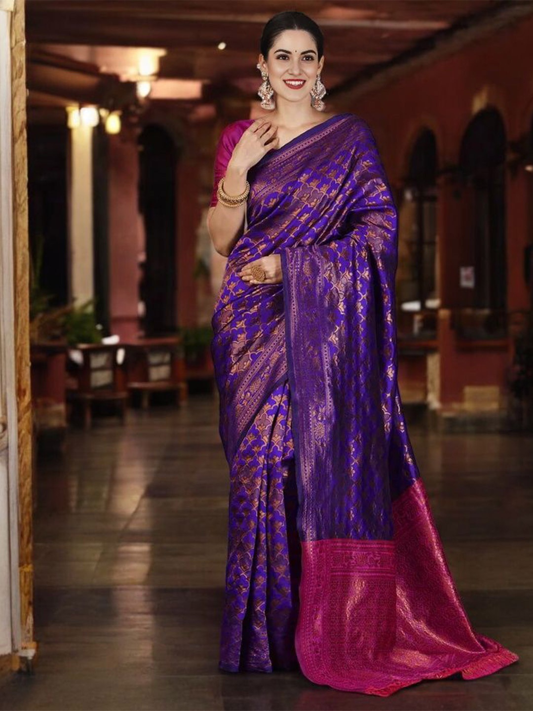 

KALINI Woven Design Zari Silk Blend Banarasi Saree, Purple