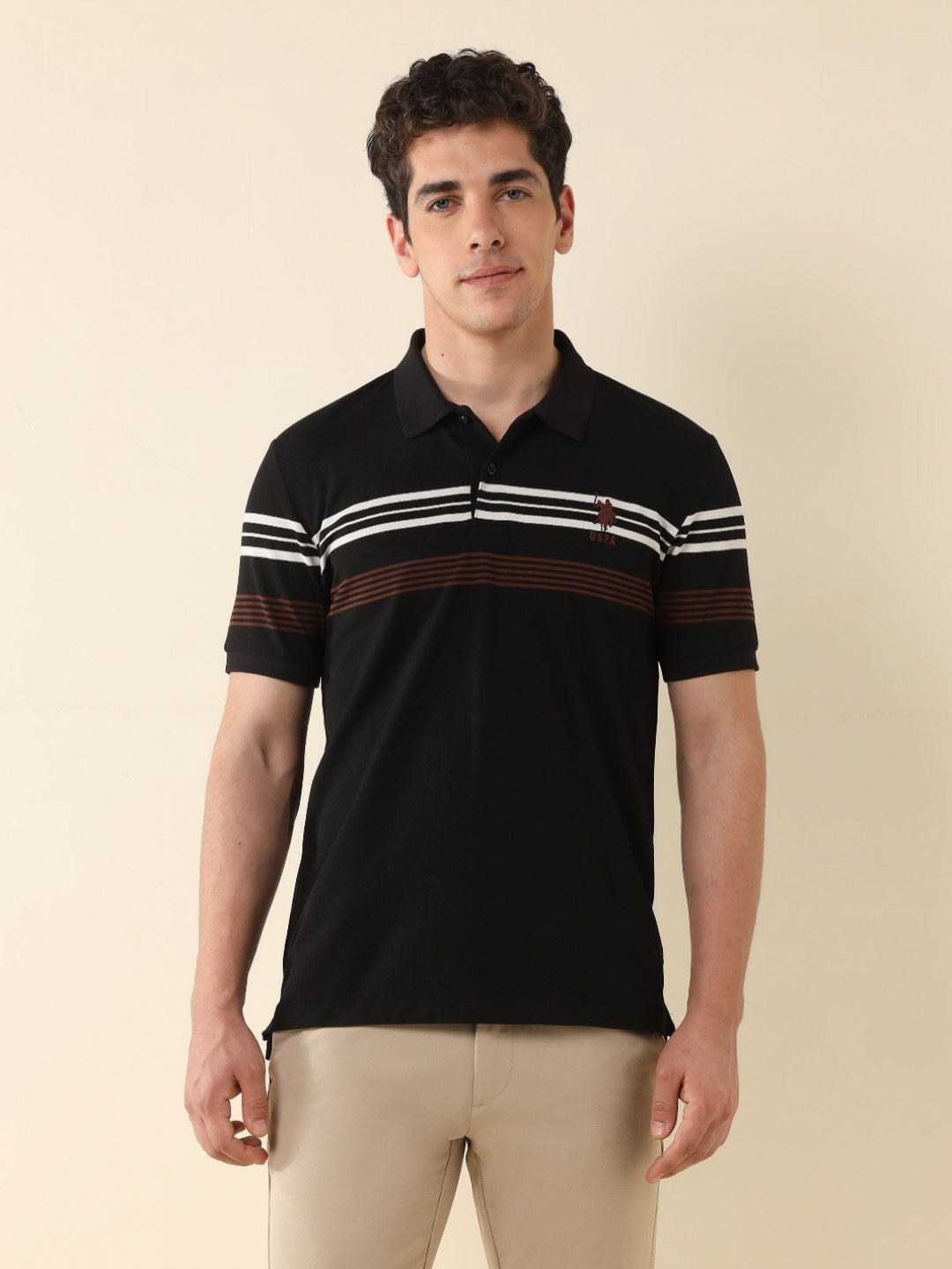 

U.S. Polo Assn. Men Striped Polo Collar Pockets Slim Fit T-shirt, Black