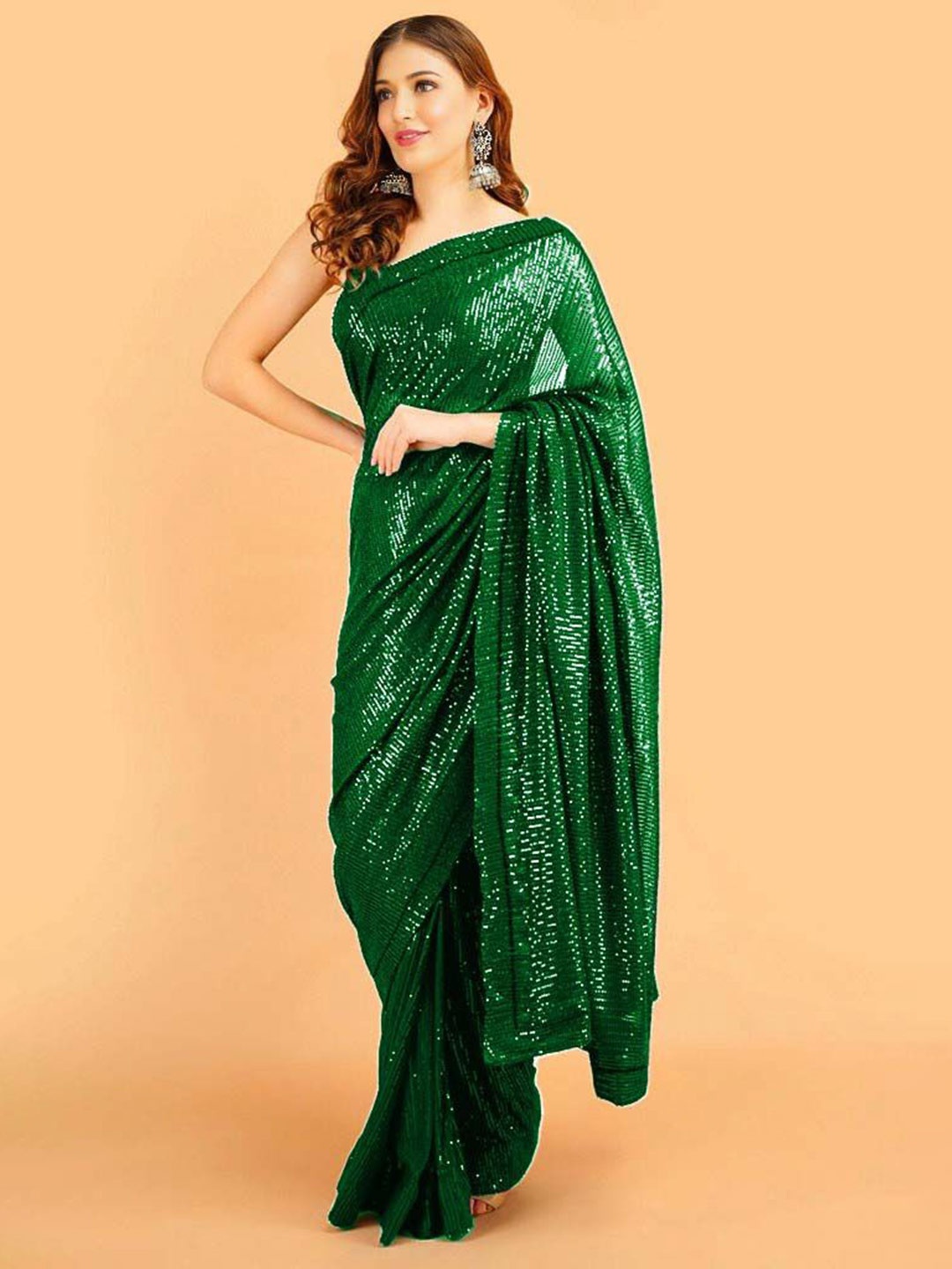 

ANJANI TEXTILE Embellished Sequinned Poly Georgette Saree, Green