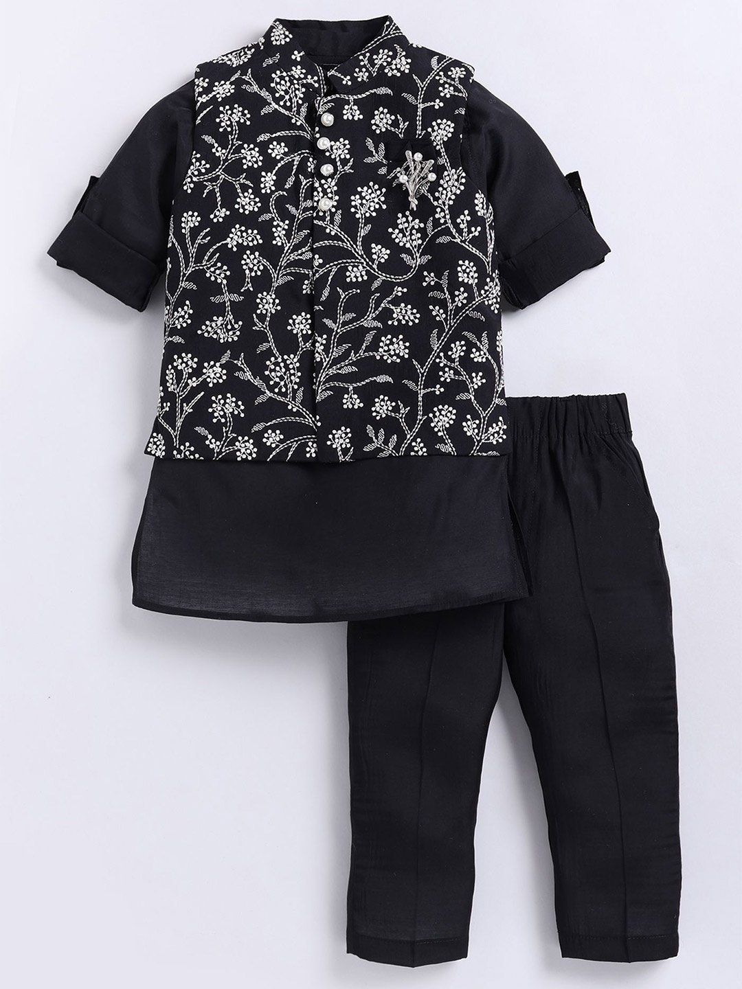 

LITTLE COLLARS Boys Floral Regular Thread Work Kurta with Trousers, Black