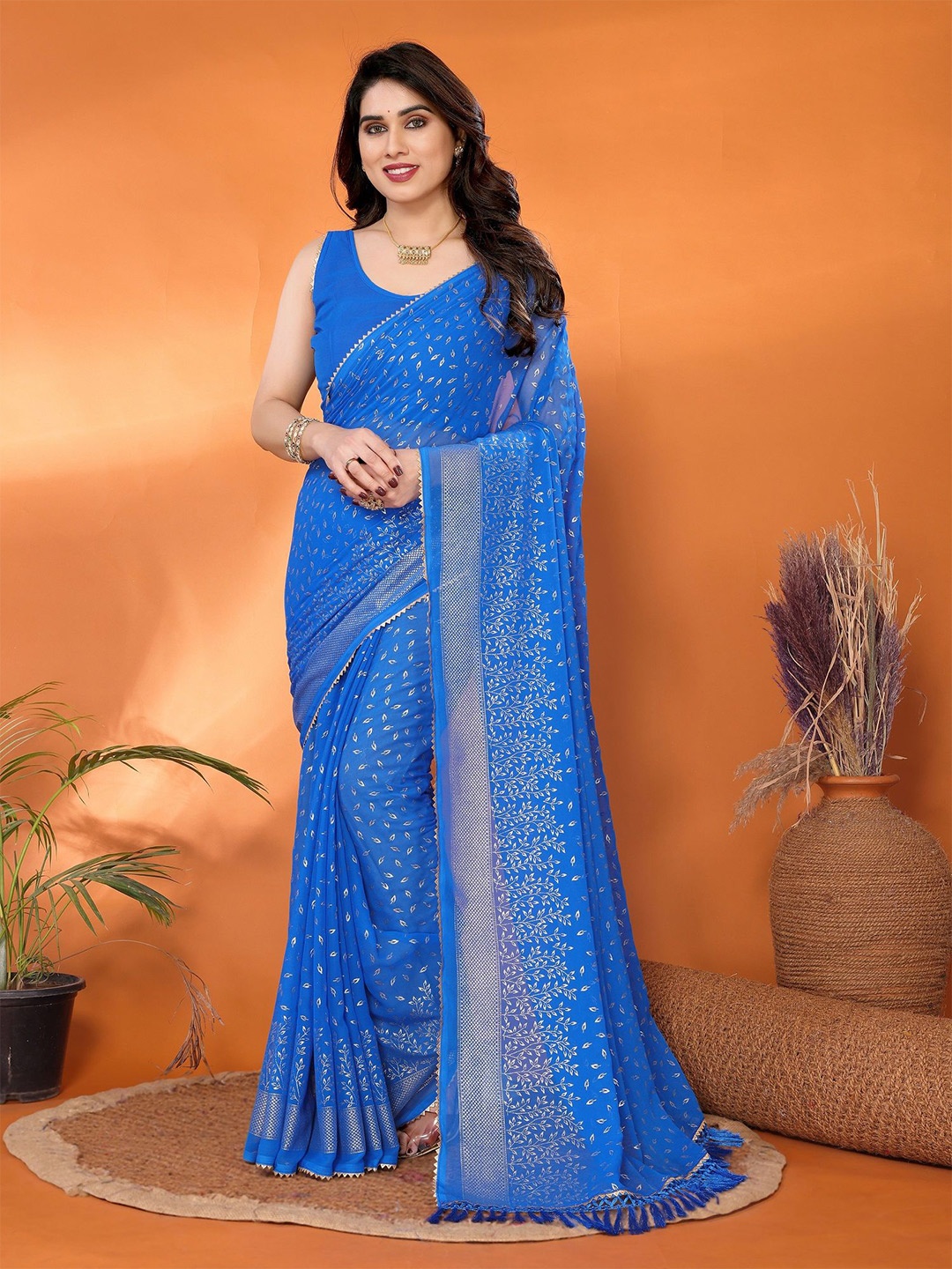 

ROOP SUNDARI SAREES Embellished Gotta Patti Pure Georgette Designer Saree, Blue