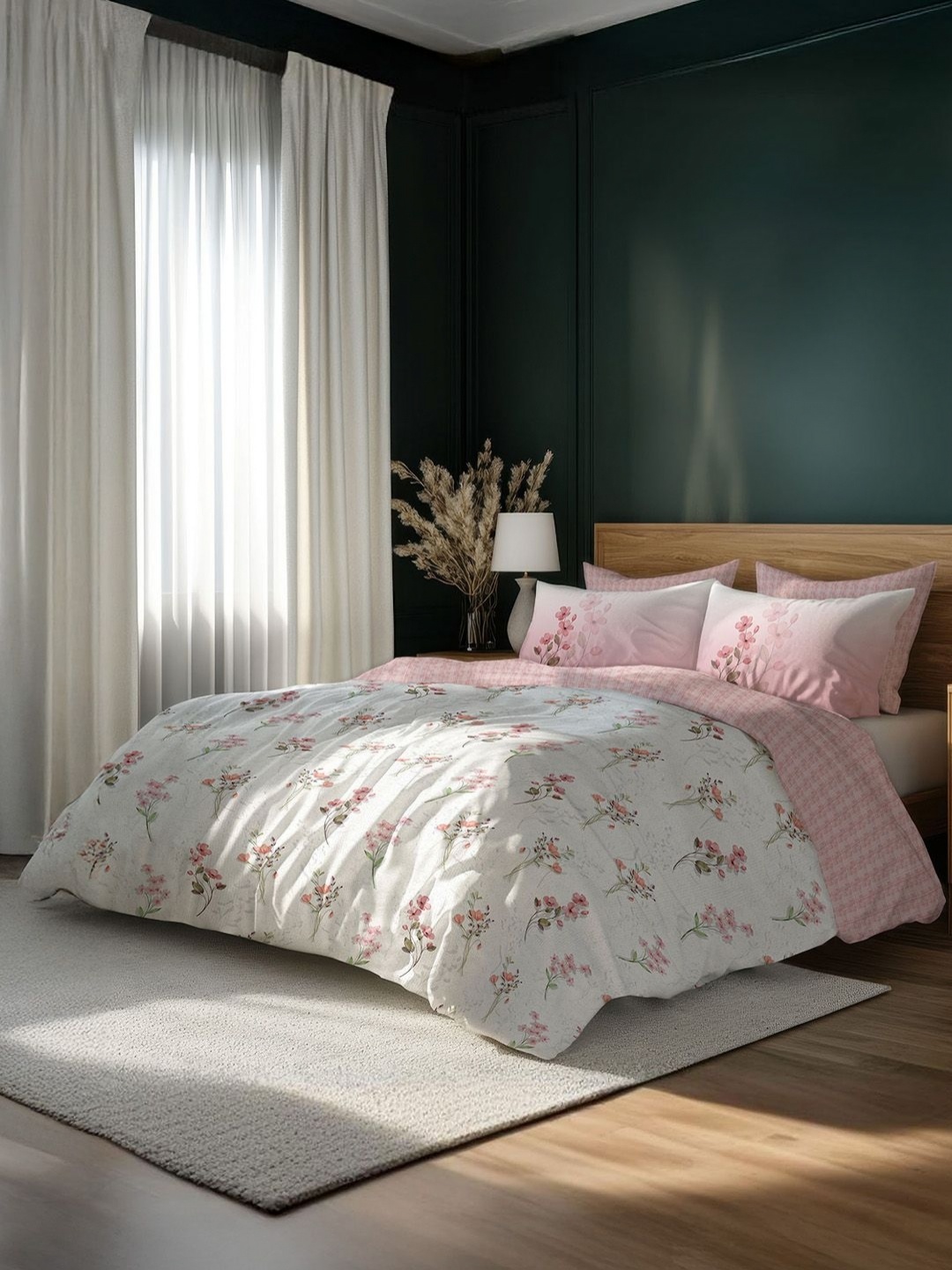

LANE LINEN Pink & White Floral 400 TC King Bedsheet with 4 Pillow Covers