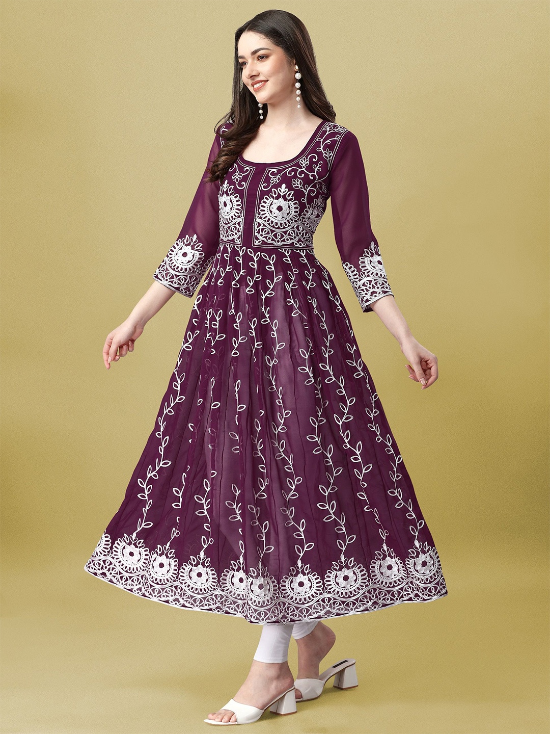 

Milastru Embroidered Georgette Formal Fit & Flare Maxi Dress, Purple