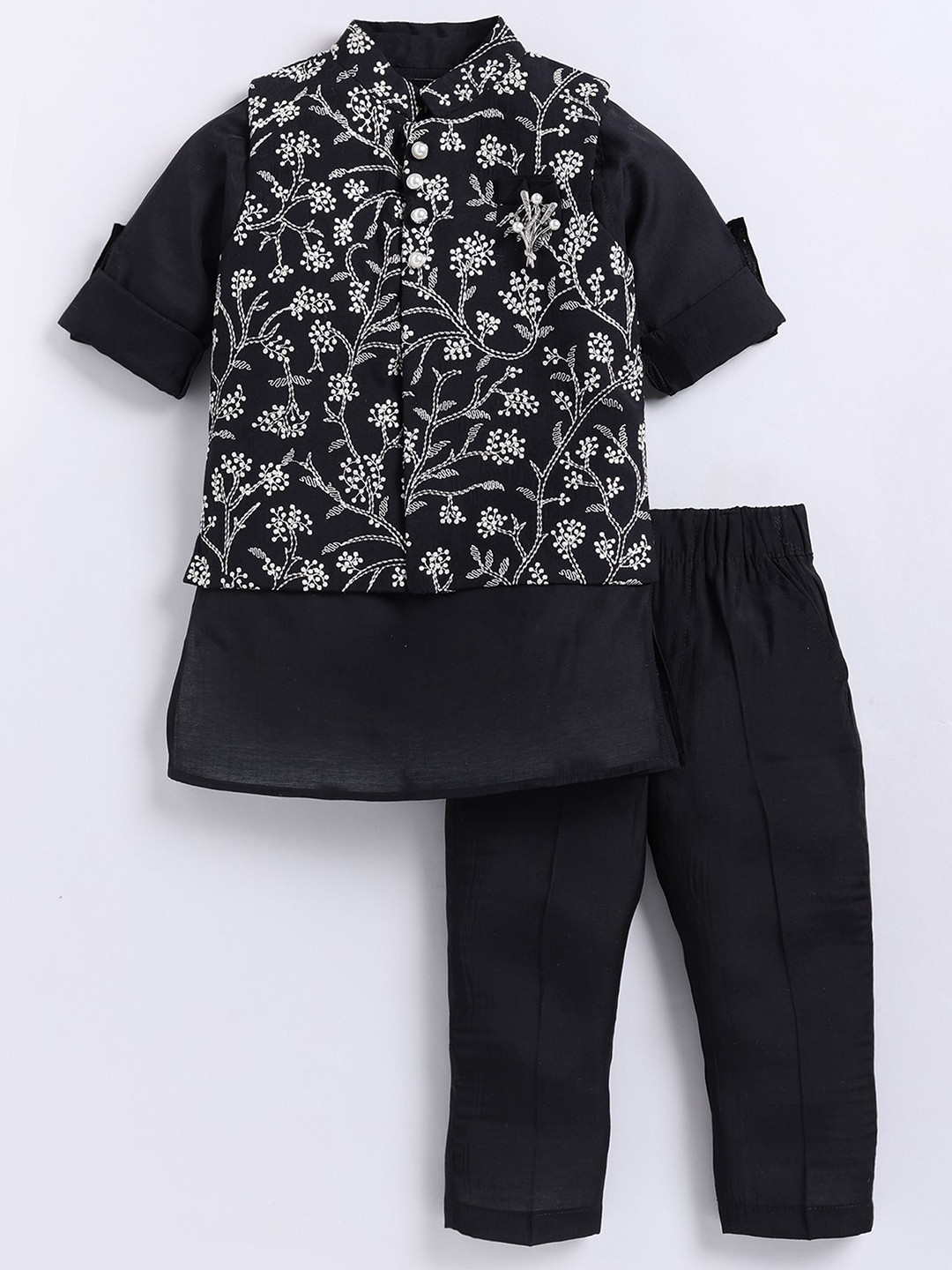 

LITTLE COLLARS Boys Kurta & Trousers With Floral All Over Embroidered Nehru Jacket, Black