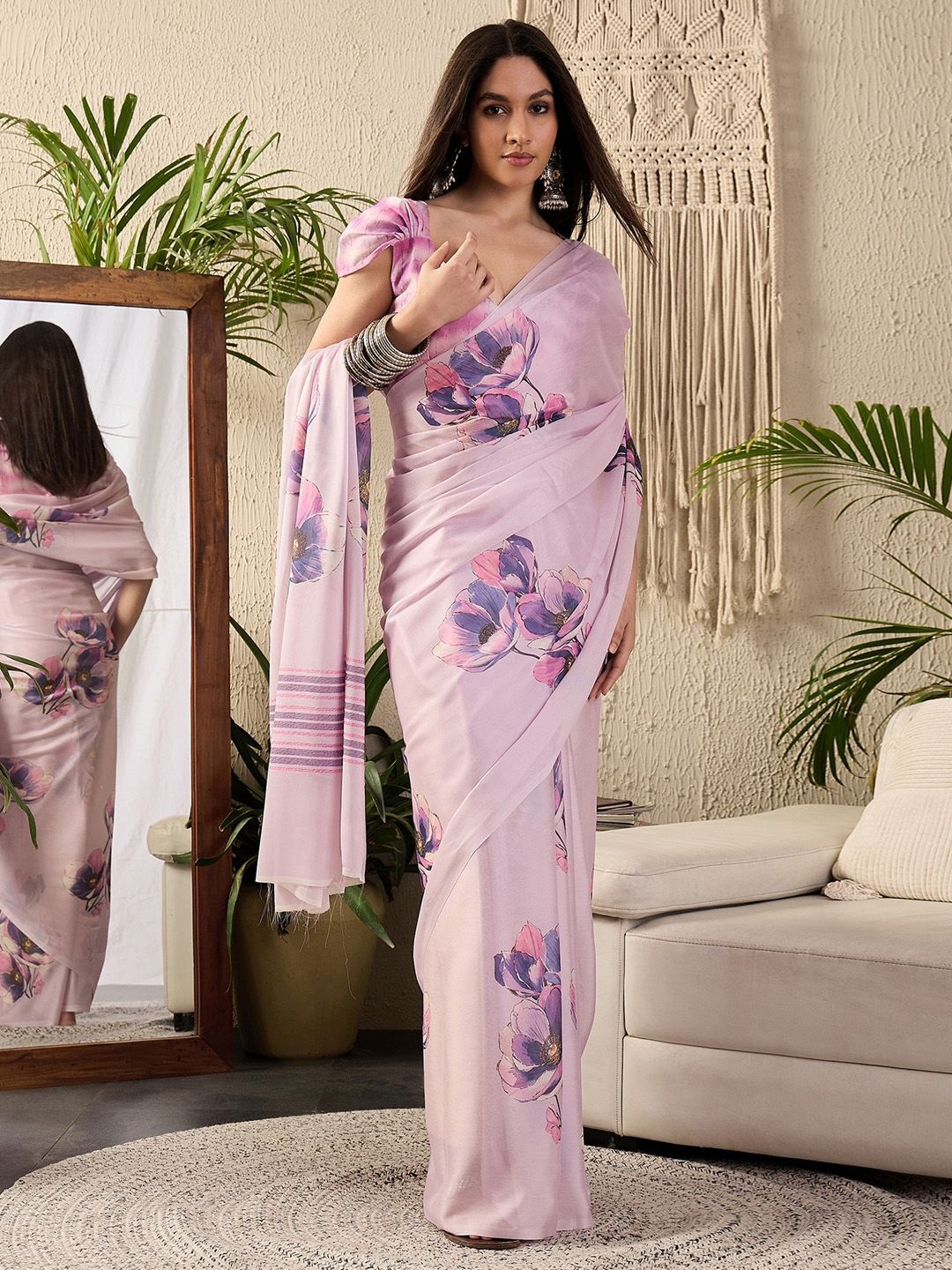 

Saree mall Floral Poly Georgette Designer Block Print Sarees, Mauve