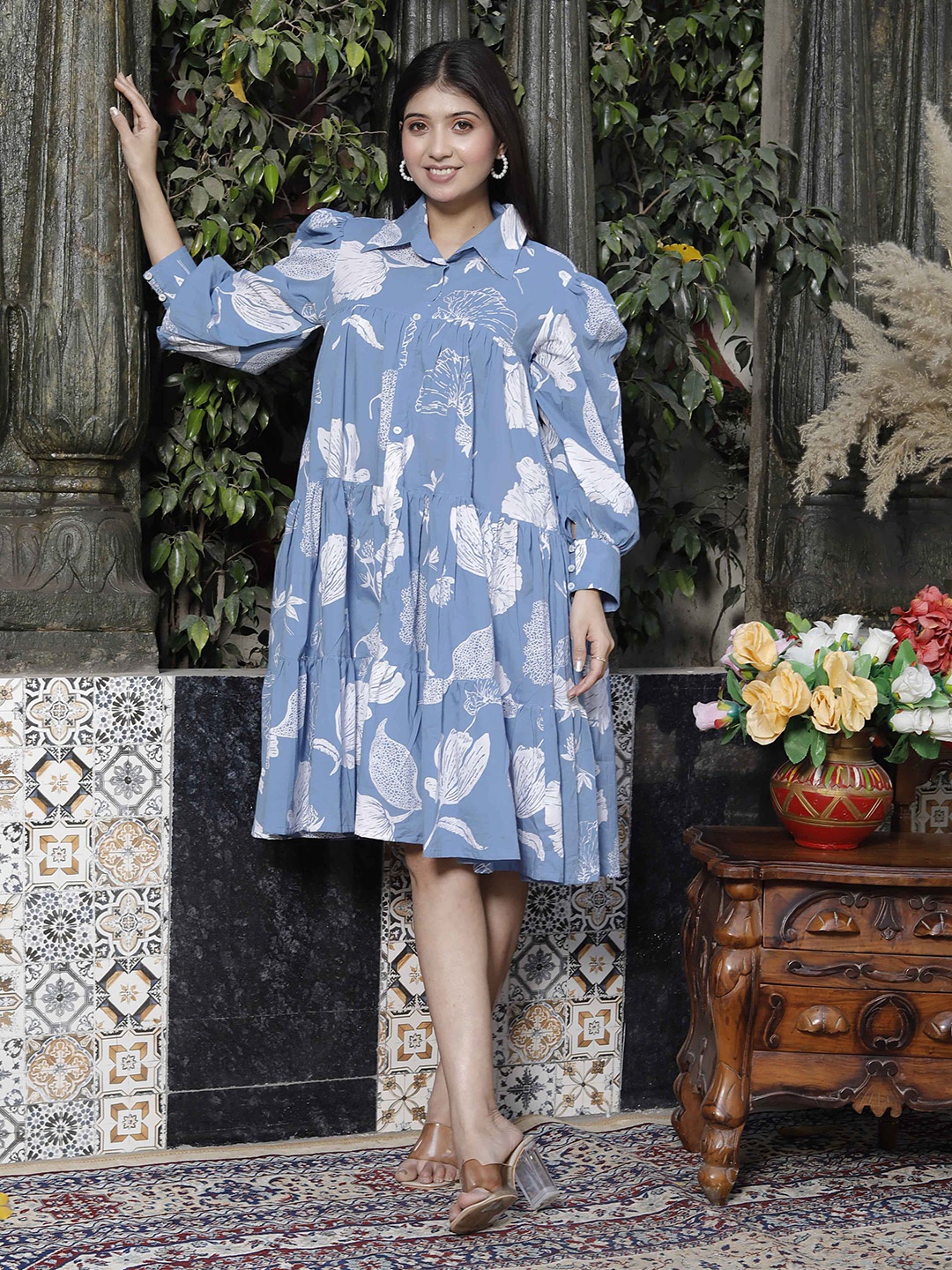 

Doriyaan Floral Print A-Line Dress, Blue