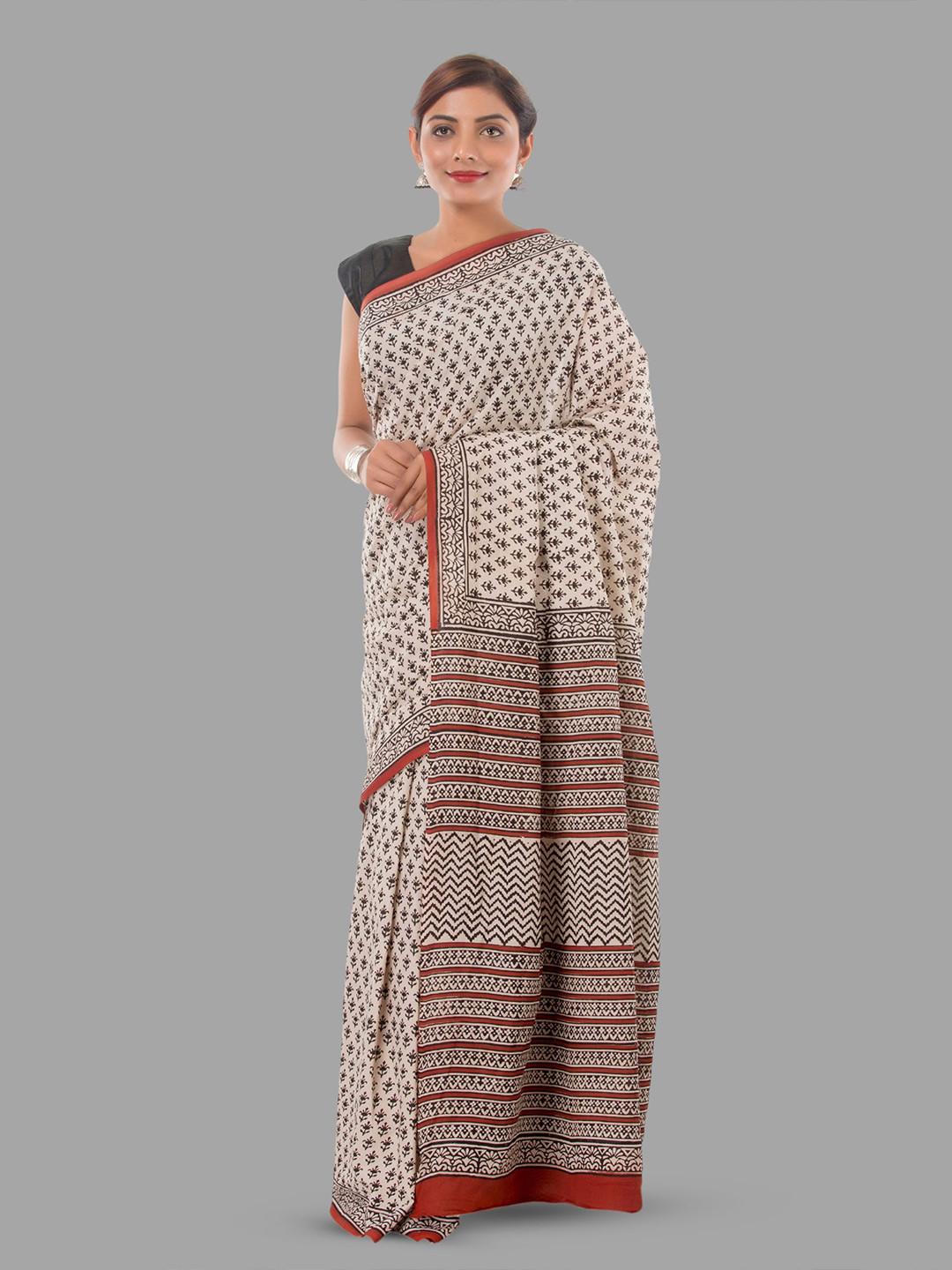 

HANDICRAFT PALACE Ethnic Motifs Pure Cotton Block Print Saree, Beige