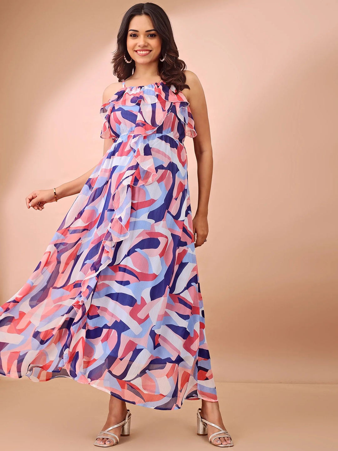 

all about you Print Ruffled Chiffon Fit & Flare Maxi Dress, Multi