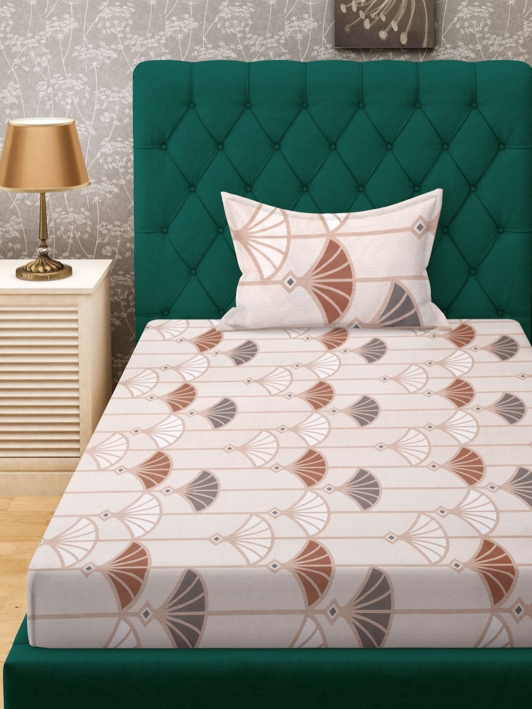 

KLOTTHE Cream Coloured & Brown Floral 300 TC Fitted Single Bedsheet - 2.25 m x 1.50 m