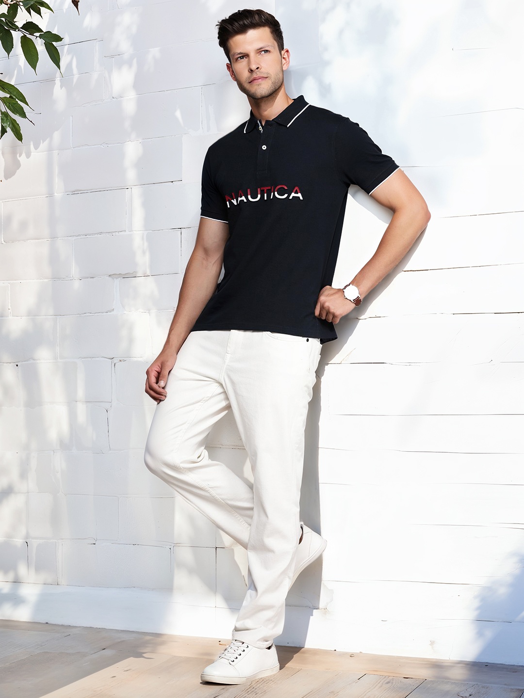 

Nautica Brand Logo Printed With Embossed Effect Polo Collar Pure Cotton T-shirt, Navy blue