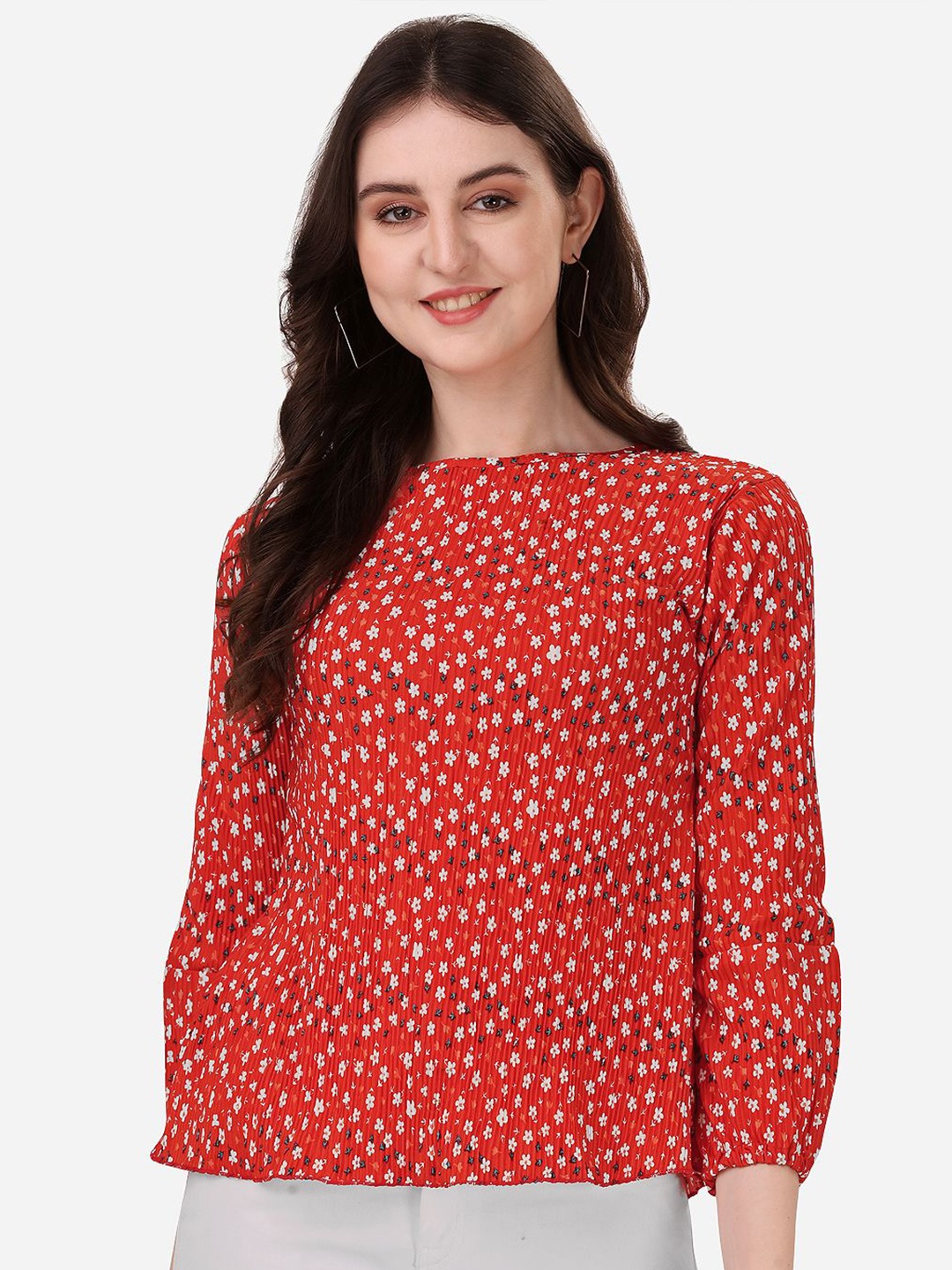 

NiloBerry Geometric Print Puff Sleeve Crop Top, Red