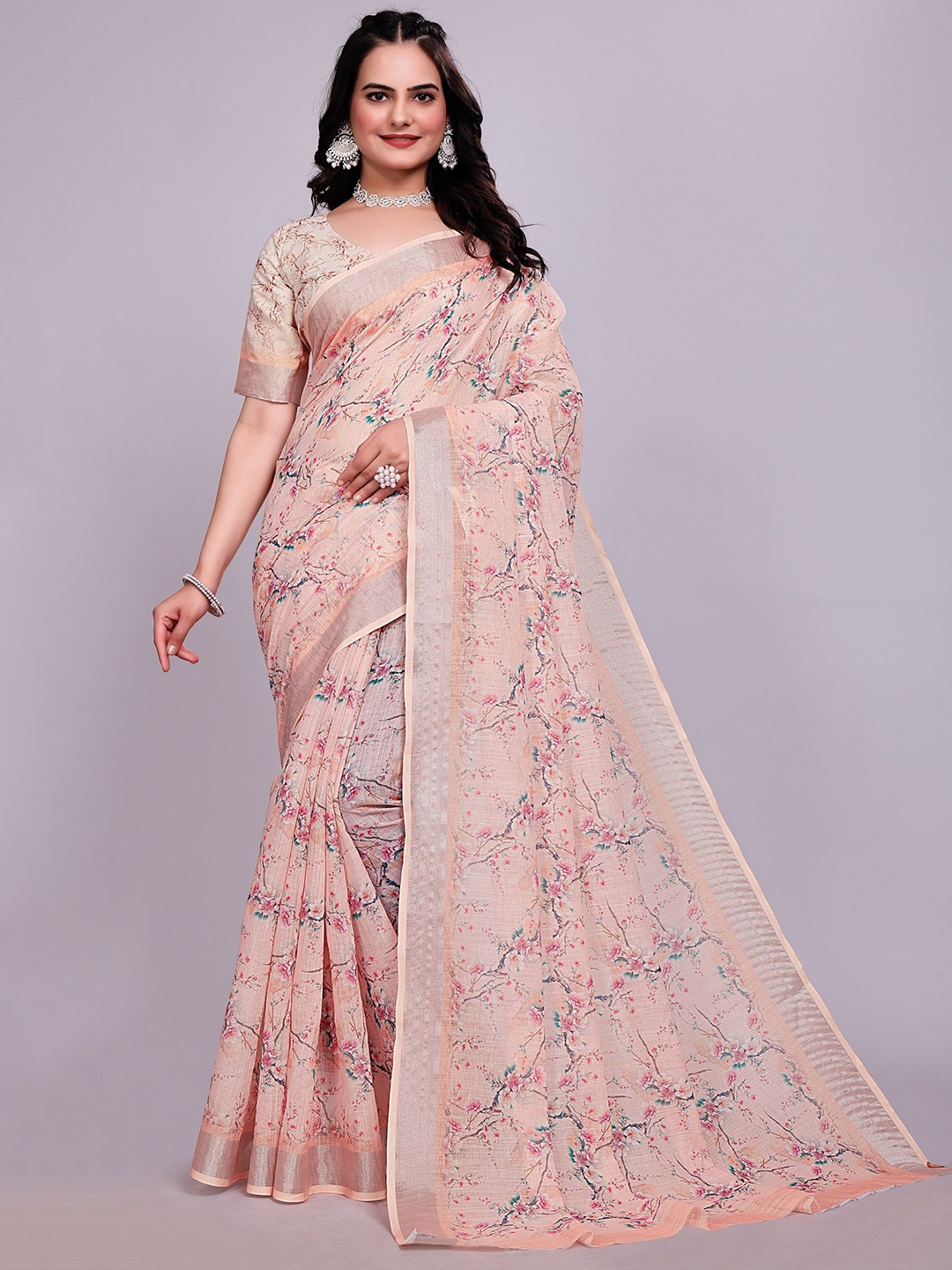 

TORONFRAS Floral Zari Linen Blend Saree, Peach