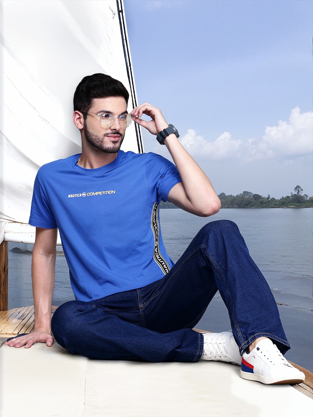 

Nautica Men Brand Logo Printed Pure Cotton T-shirt, Blue